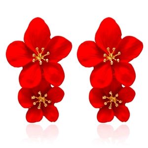 Red Double Flower Drop Earrings